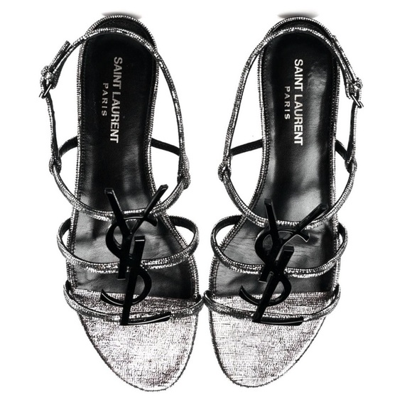 YSL SAINT LAURENT Calfskin Cassandra Monogram Logo Strappy Sandals Metallic 36